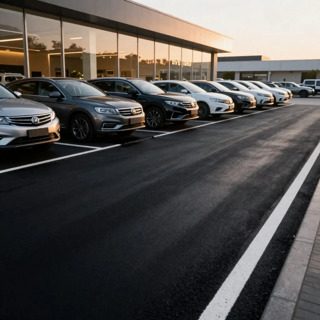 Autohaus mit tiefschwarz versiegeltem Parkplatz