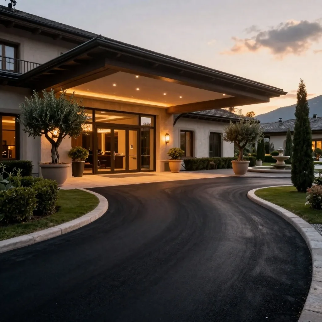 Hotelvorfahrt mit versiegeltem Asphalt im Abendlicht
