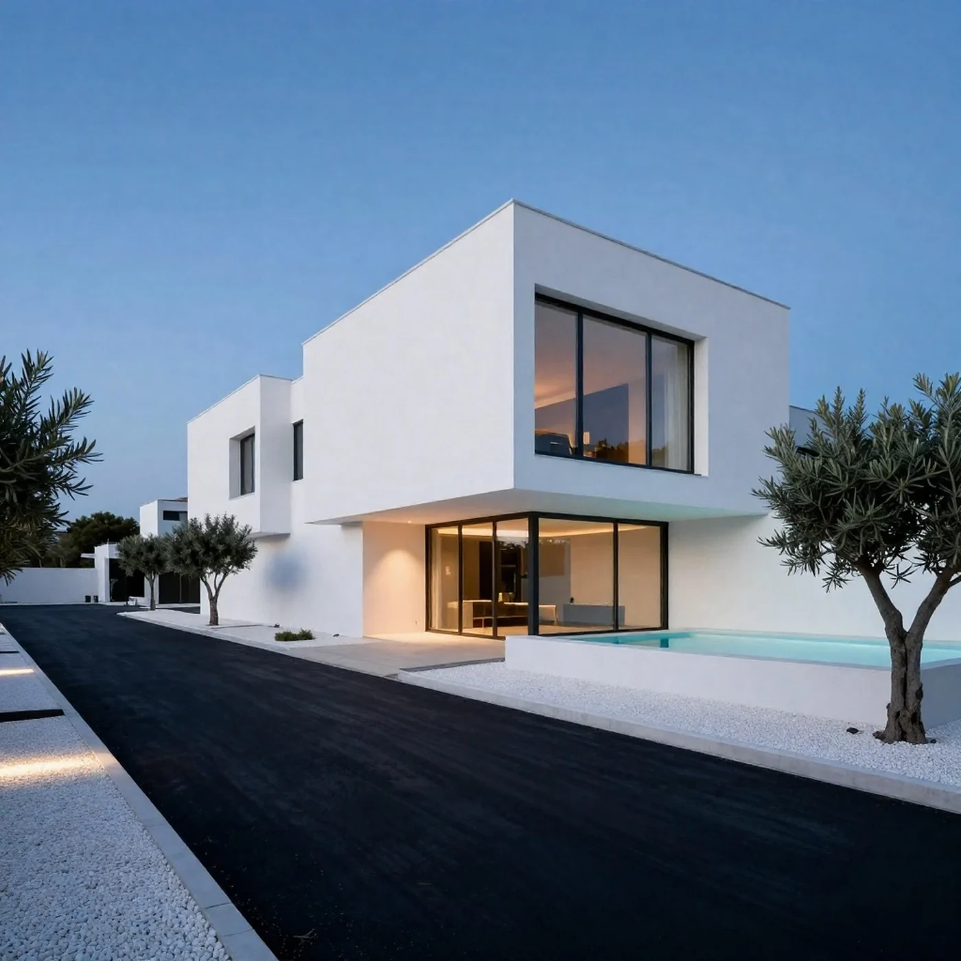 Moderne weiße Villa mit tiefschwarz versiegelter Zufahrt